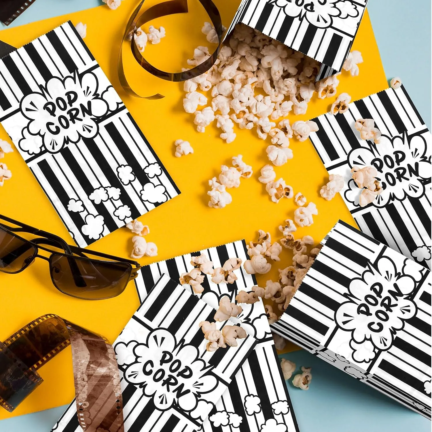 Whaline 200Pcs Movie Night Paper Popcorn Bags 2 oz Black and White Stripe Flat Bottom Popcorn Container Grease Resistant Large Sleeve Popcorn Bucket Disposable for Retro Movie Themed Party Carnival