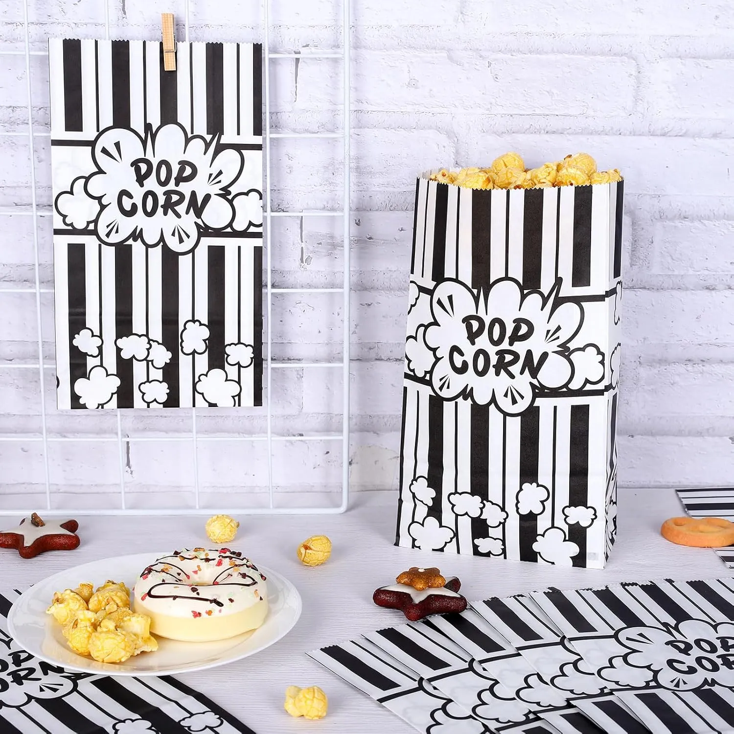 Whaline 200Pcs Movie Night Paper Popcorn Bags 2 oz Black and White Stripe Flat Bottom Popcorn Container Grease Resistant Large Sleeve Popcorn Bucket Disposable for Retro Movie Themed Party Carnival