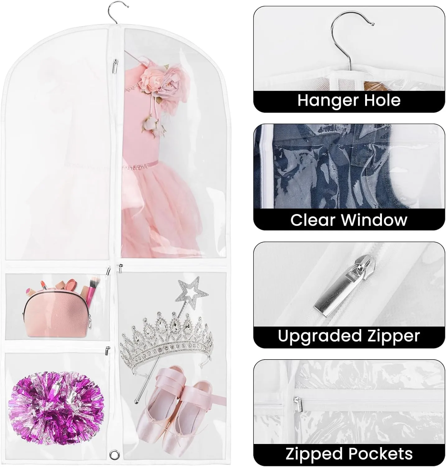 White Dance Garment Bags for Dancers, 3pcs 20x39", Dance Costume Garment Bag for Competition Travel, Hanging Clothes, Girls Dresses, Cheer Uniform, Dust Proof with 3 Clear Zipper Pockets