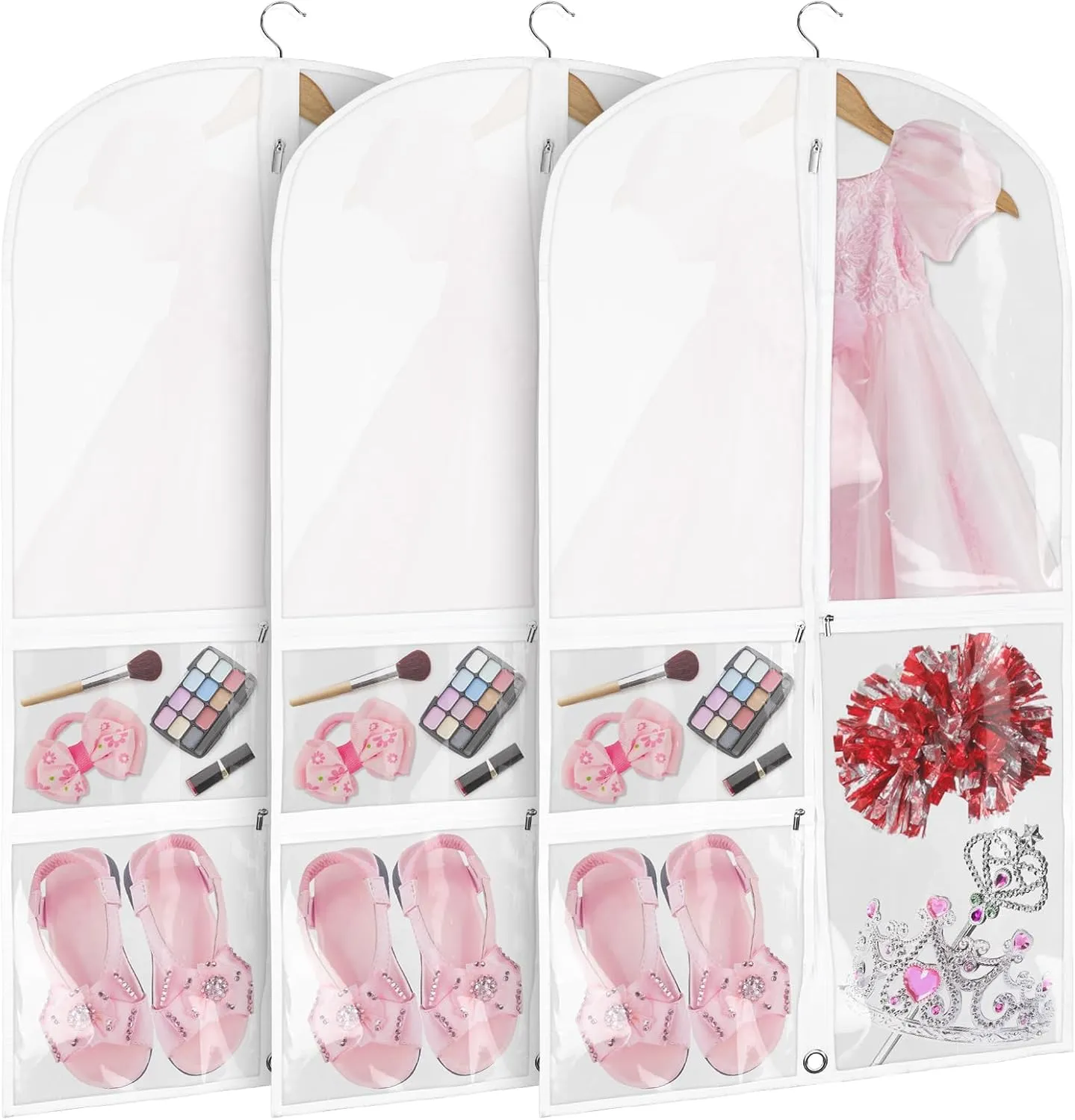 White Dance Garment Bags for Dancers, 3pcs 20x39", Dance Costume Garment Bag for Competition Travel, Hanging Clothes, Girls Dresses, Cheer Uniform, Dust Proof with 3 Clear Zipper Pockets