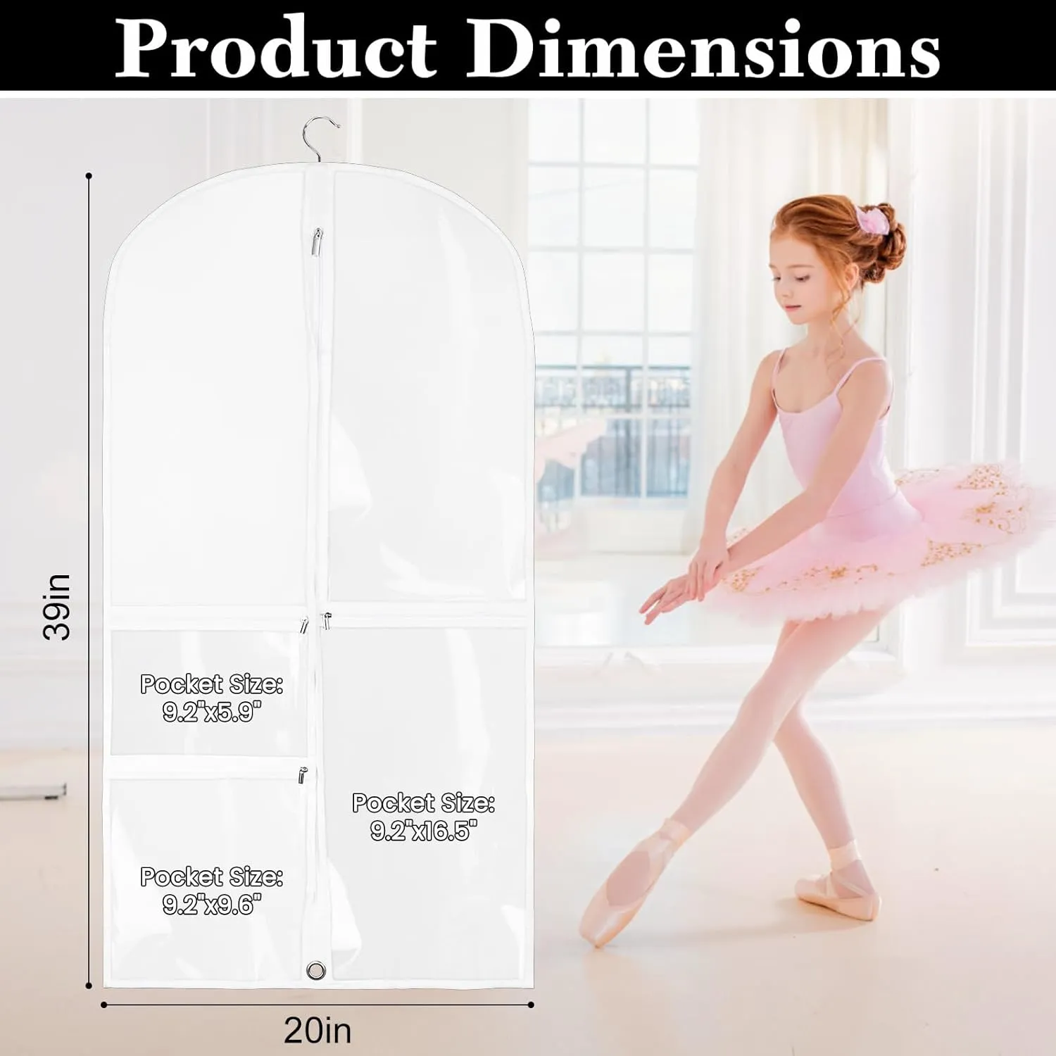 White Dance Garment Bags for Dancers, 3pcs 20x39", Dance Costume Garment Bag for Competition Travel, Hanging Clothes, Girls Dresses, Cheer Uniform, Dust Proof with 3 Clear Zipper Pockets
