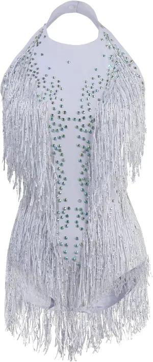 White Sparkle Rhinestone Bodysuit For Women Drag Queen Outfit Fringe Dance Costumes
