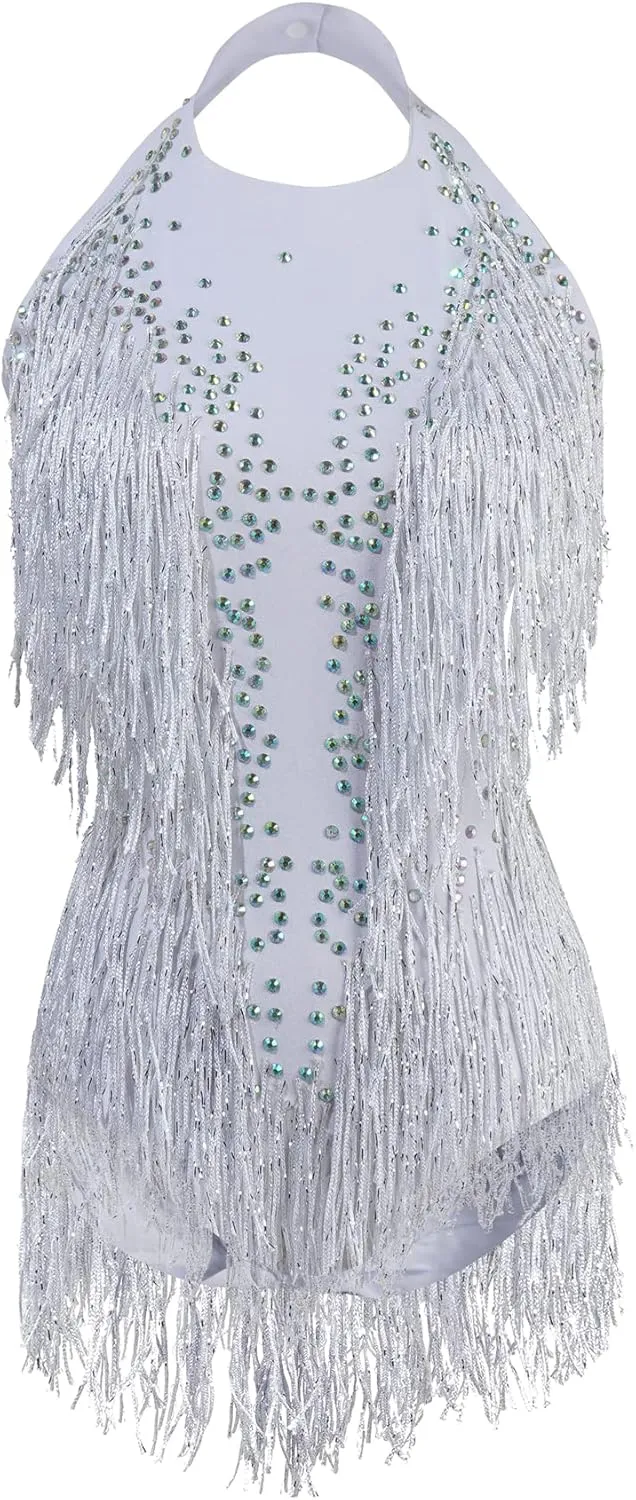 White Sparkle Rhinestone Bodysuit For Women Drag Queen Outfit Fringe Dance Costumes