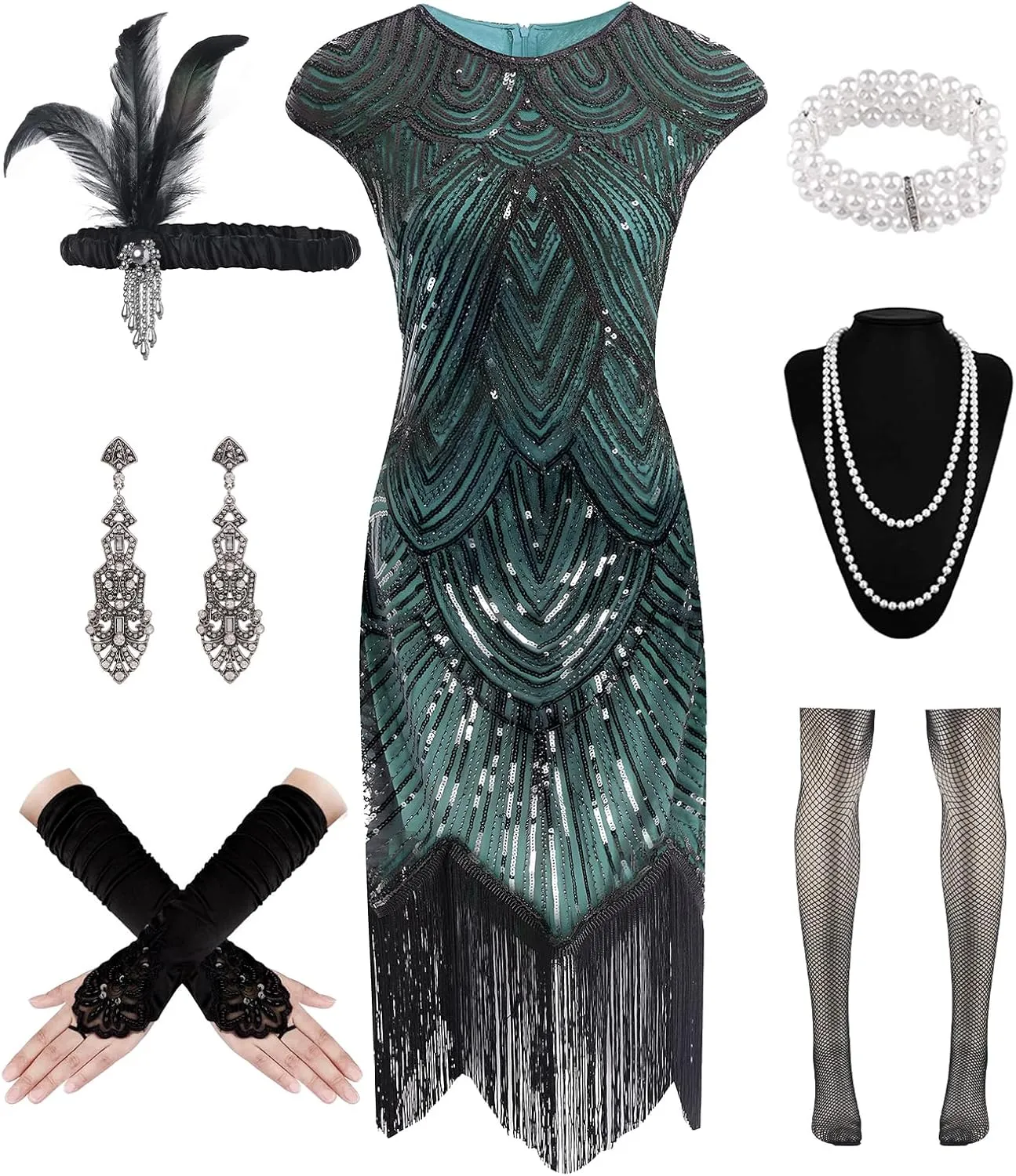 WILDPARTY 1920s Women Flapper Dresses Sequin Dresses Vintage Lace Fringed Cocktail Dress with 20s Accessories Set