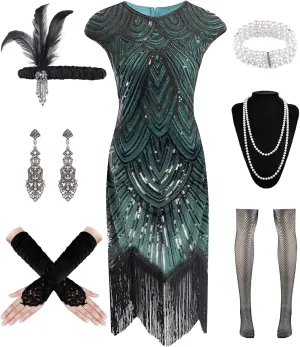 WILDPARTY 1920s Women Flapper Dresses Sequin Dresses Vintage Lace Fringed Cocktail Dress with 20s Accessories Set