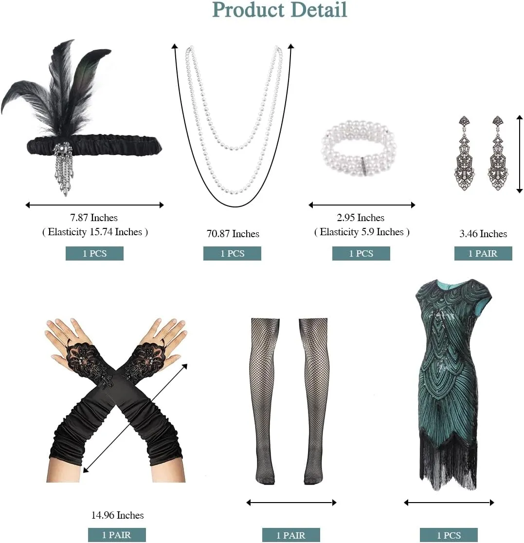 WILDPARTY 1920s Women Flapper Dresses Sequin Dresses Vintage Lace Fringed Cocktail Dress with 20s Accessories Set