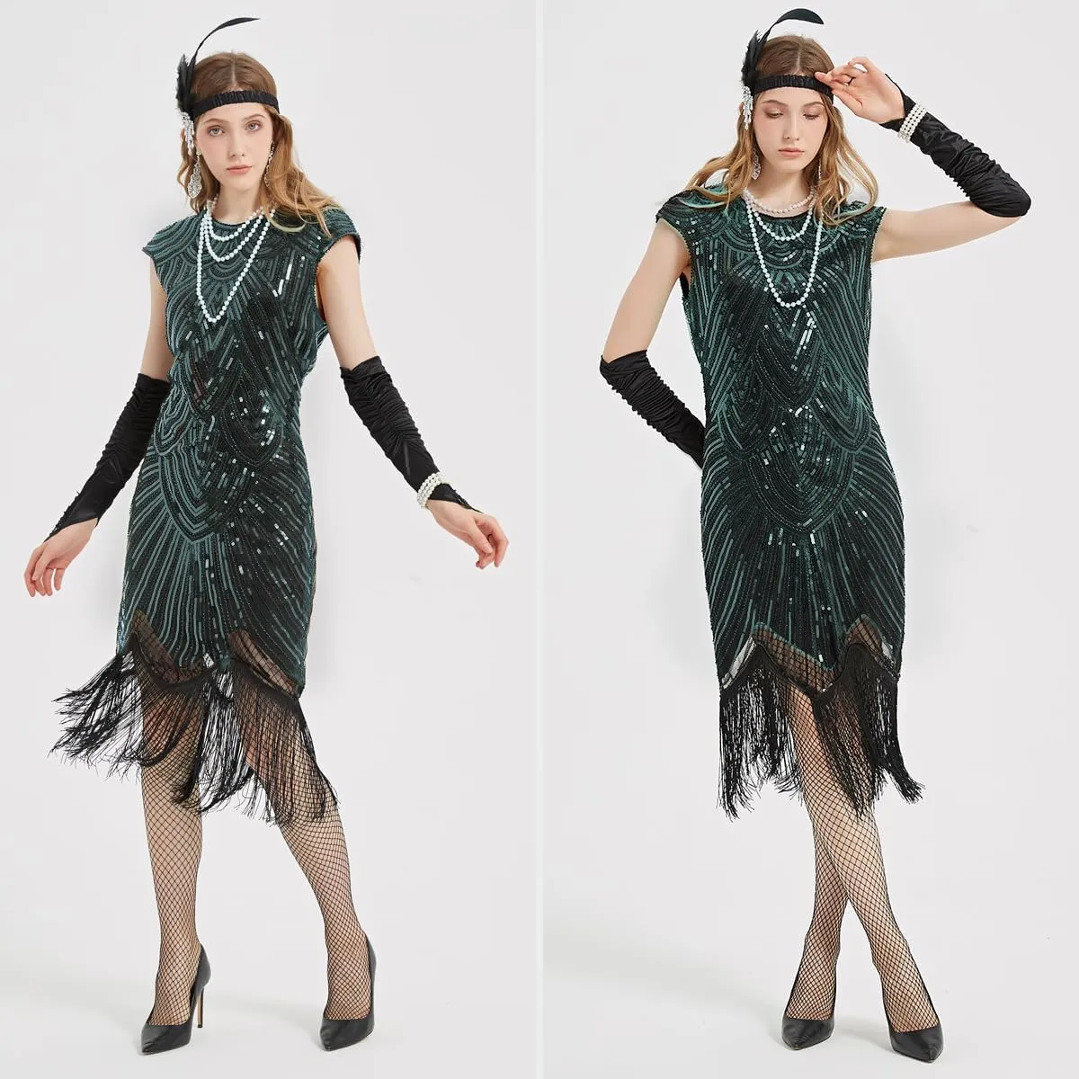 WILDPARTY 1920s Women Flapper Dresses Sequin Dresses Vintage Lace Fringed Cocktail Dress with 20s Accessories Set