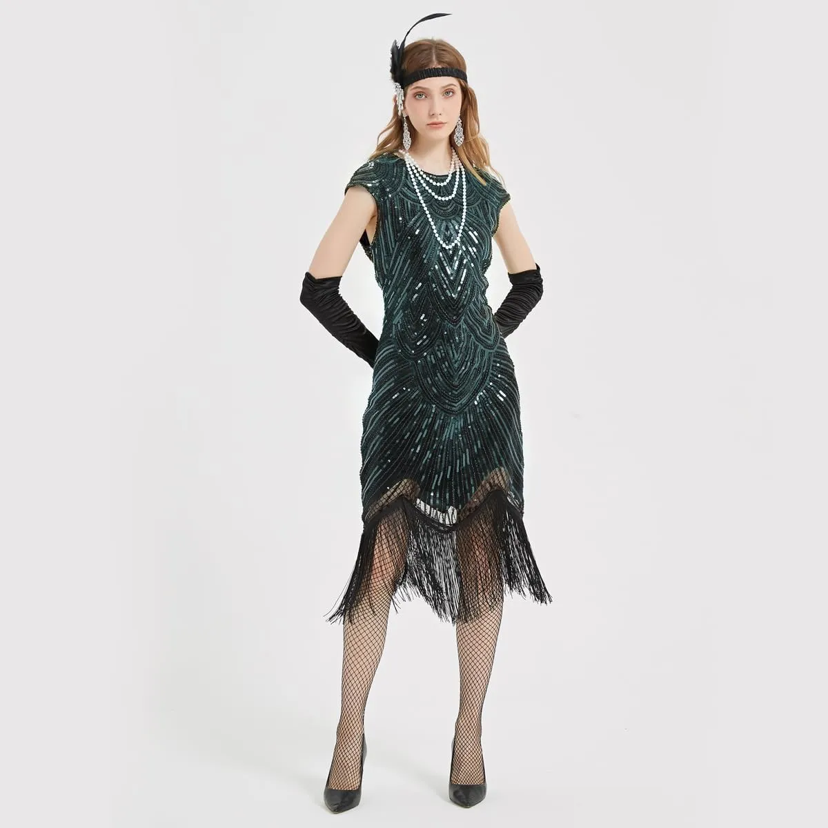 WILDPARTY 1920s Women Flapper Dresses Sequin Dresses Vintage Lace Fringed Cocktail Dress with 20s Accessories Set