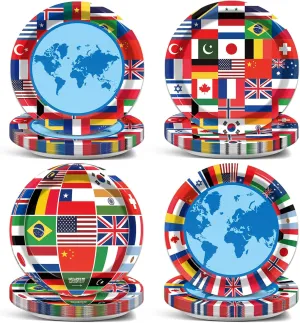 Wiooffen 80Pcs International World Flags Plates Around the World Globe Party Tableware Decorations International Flags 7'' Paper Cake Dessert Dinner Plates for Travel Trip Retirement Party Supplies