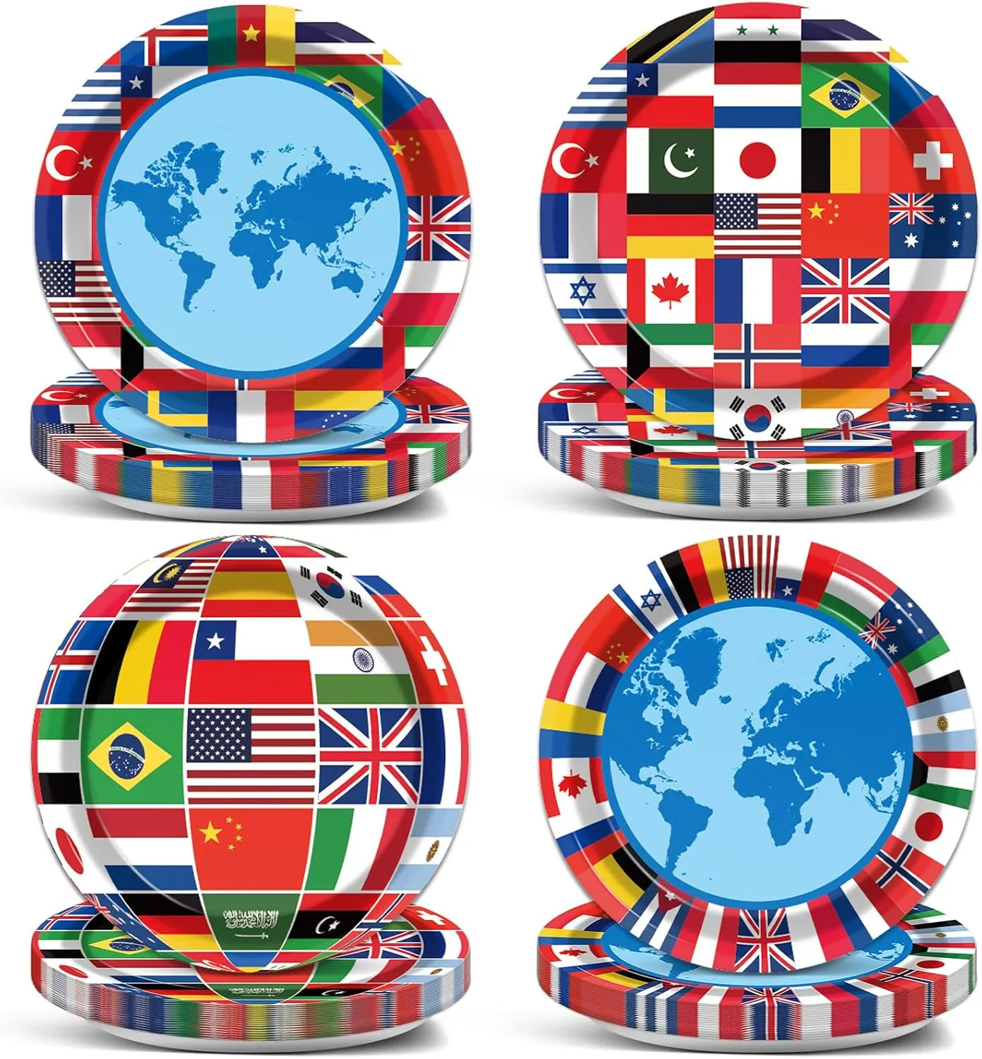 Wiooffen 80Pcs International World Flags Plates Around the World Globe Party Tableware Decorations International Flags 7'' Paper Cake Dessert Dinner Plates for Travel Trip Retirement Party Supplies