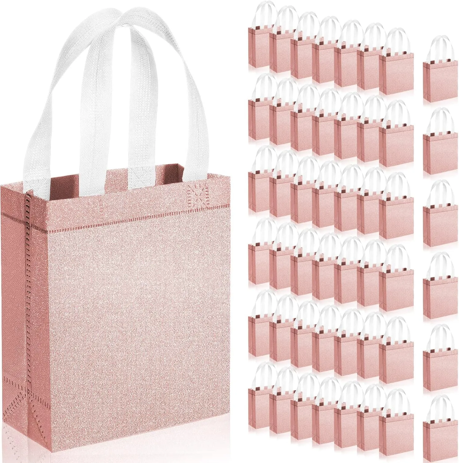 Woanger 48 Pack Wedding Gift Bags Reusable Gift Bags with Handle Glitter Tote Goodie Non Woven Bling Favor for Wedding Holiday Party(6.5 x 3.1 x 7.8 Inch,Rose Gold)