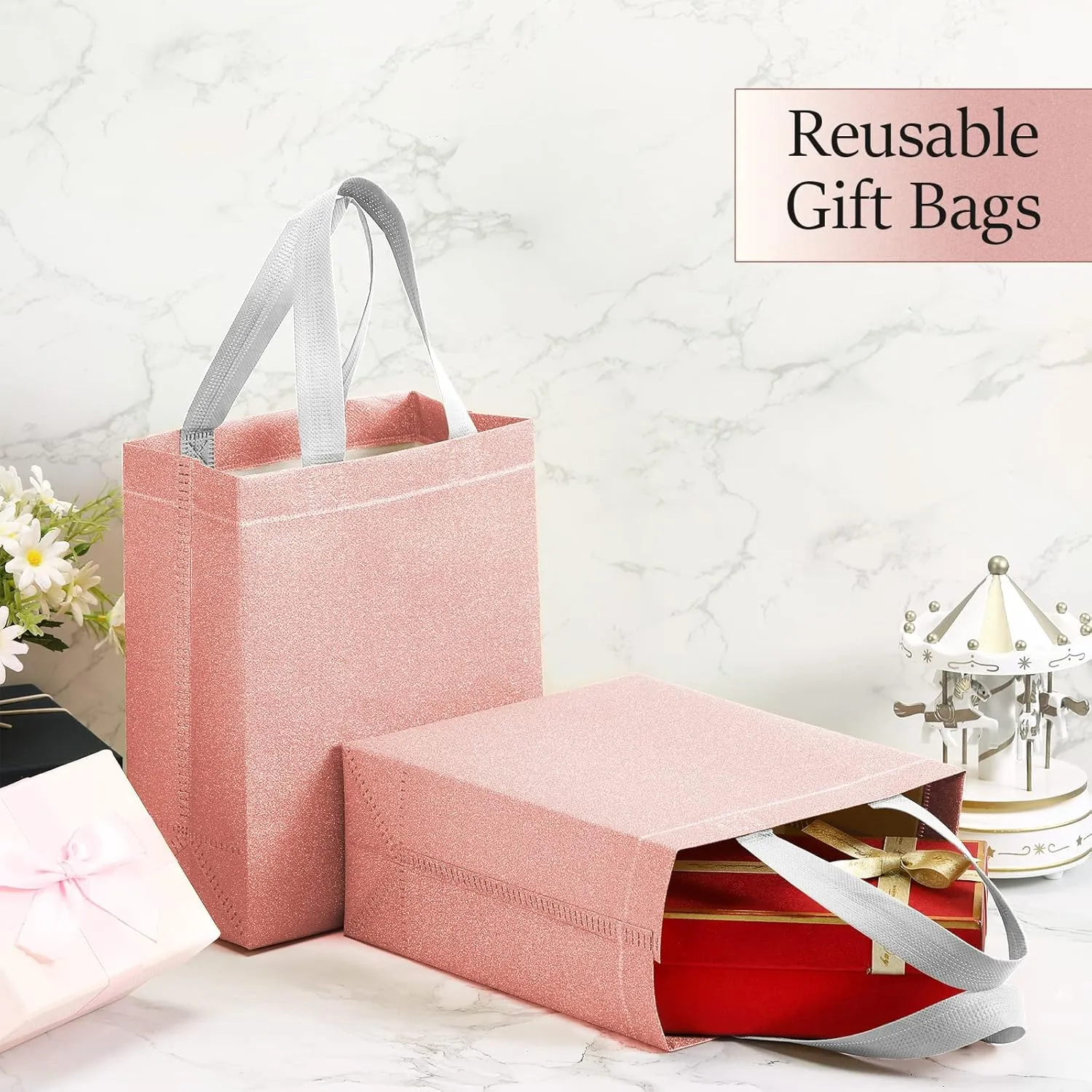 Woanger 48 Pack Wedding Gift Bags Reusable Gift Bags with Handle Glitter Tote Goodie Non Woven Bling Favor for Wedding Holiday Party(6.5 x 3.1 x 7.8 Inch,Rose Gold)