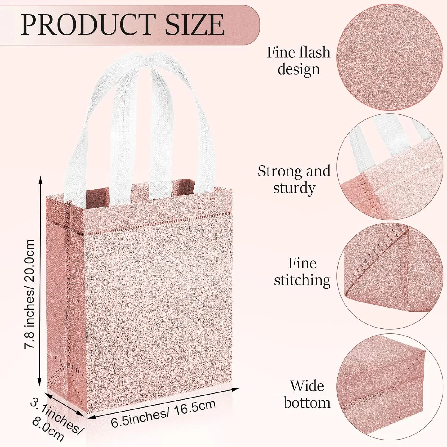 Woanger 48 Pack Wedding Gift Bags Reusable Gift Bags with Handle Glitter Tote Goodie Non Woven Bling Favor for Wedding Holiday Party(6.5 x 3.1 x 7.8 Inch,Rose Gold)