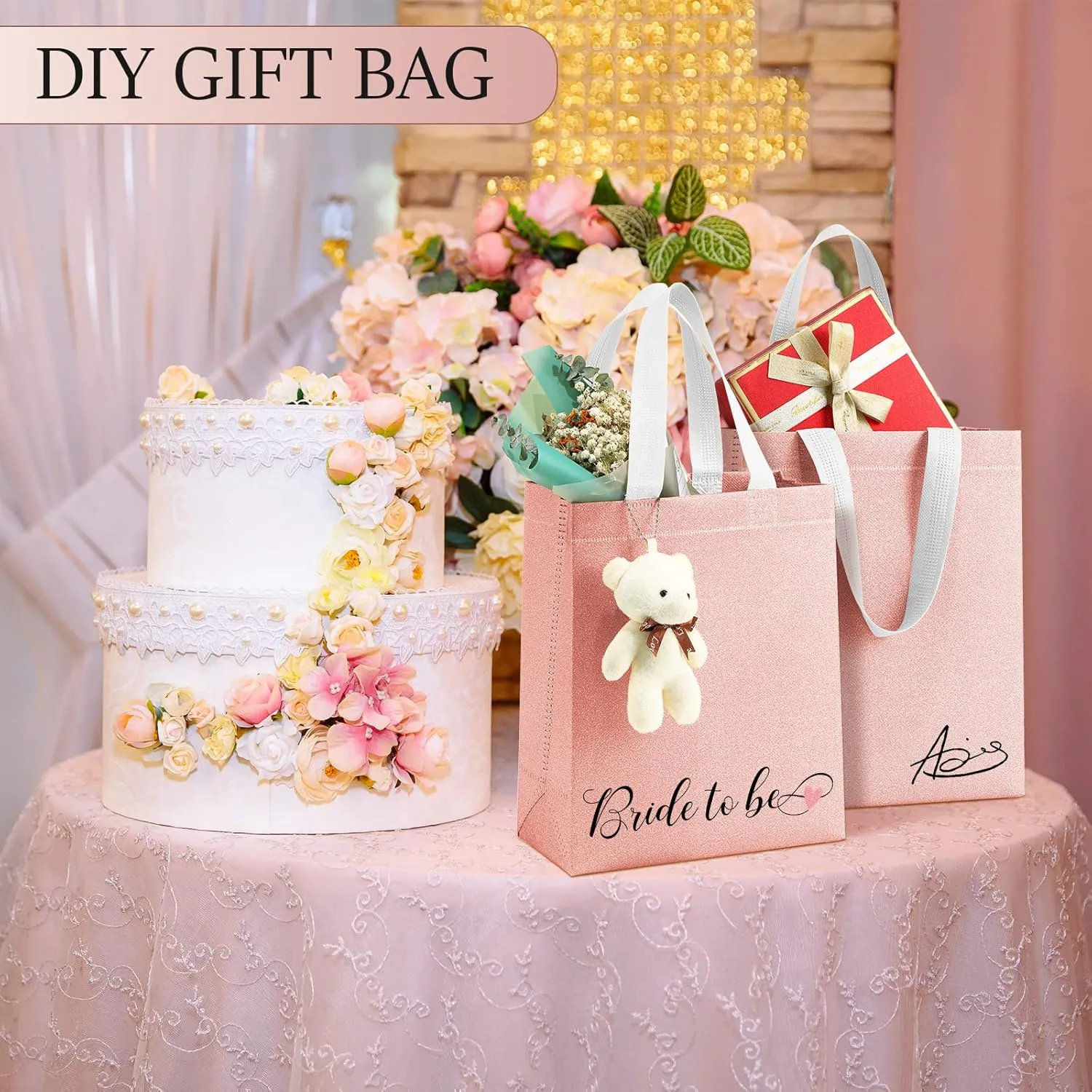 Woanger 48 Pack Wedding Gift Bags Reusable Gift Bags with Handle Glitter Tote Goodie Non Woven Bling Favor for Wedding Holiday Party(7.9 x 3.9 x 9.8 Inch,Rose Gold)