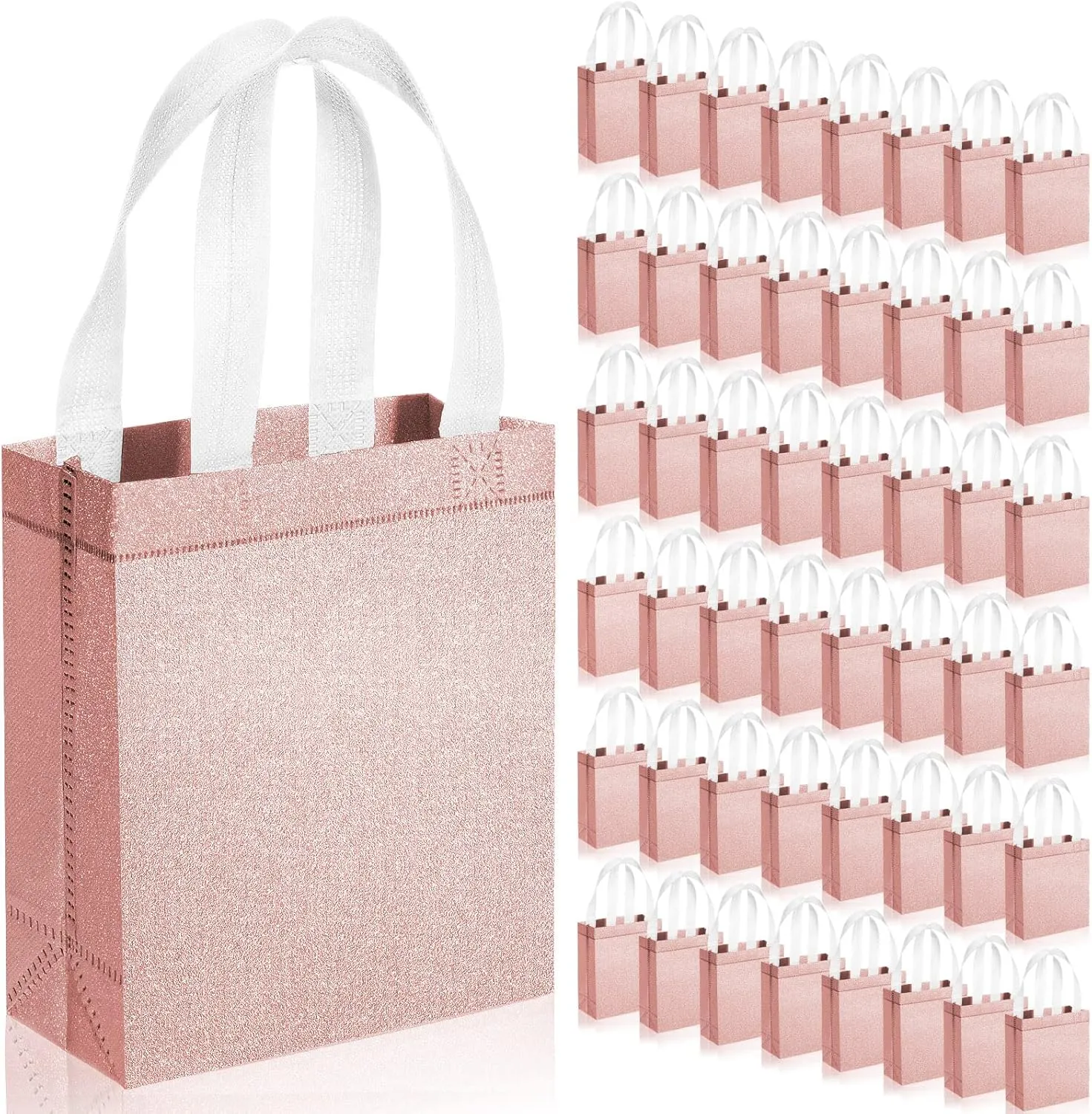 Woanger 48 Pack Wedding Gift Bags Reusable Gift Bags with Handle Glitter Tote Goodie Non Woven Bling Favor for Wedding Holiday Party(7.9 x 3.9 x 9.8 Inch,Rose Gold)