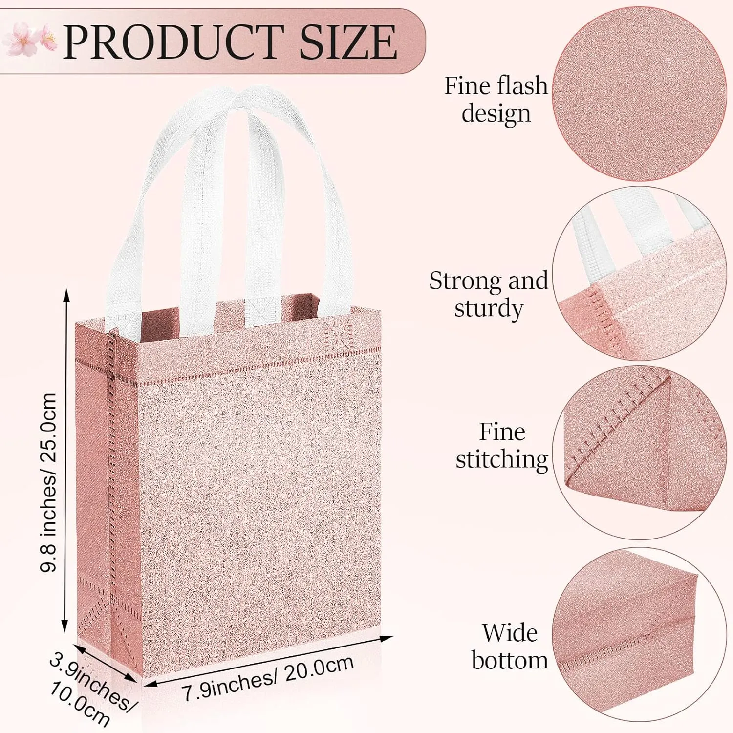Woanger 48 Pack Wedding Gift Bags Reusable Gift Bags with Handle Glitter Tote Goodie Non Woven Bling Favor for Wedding Holiday Party(7.9 x 3.9 x 9.8 Inch,Rose Gold)