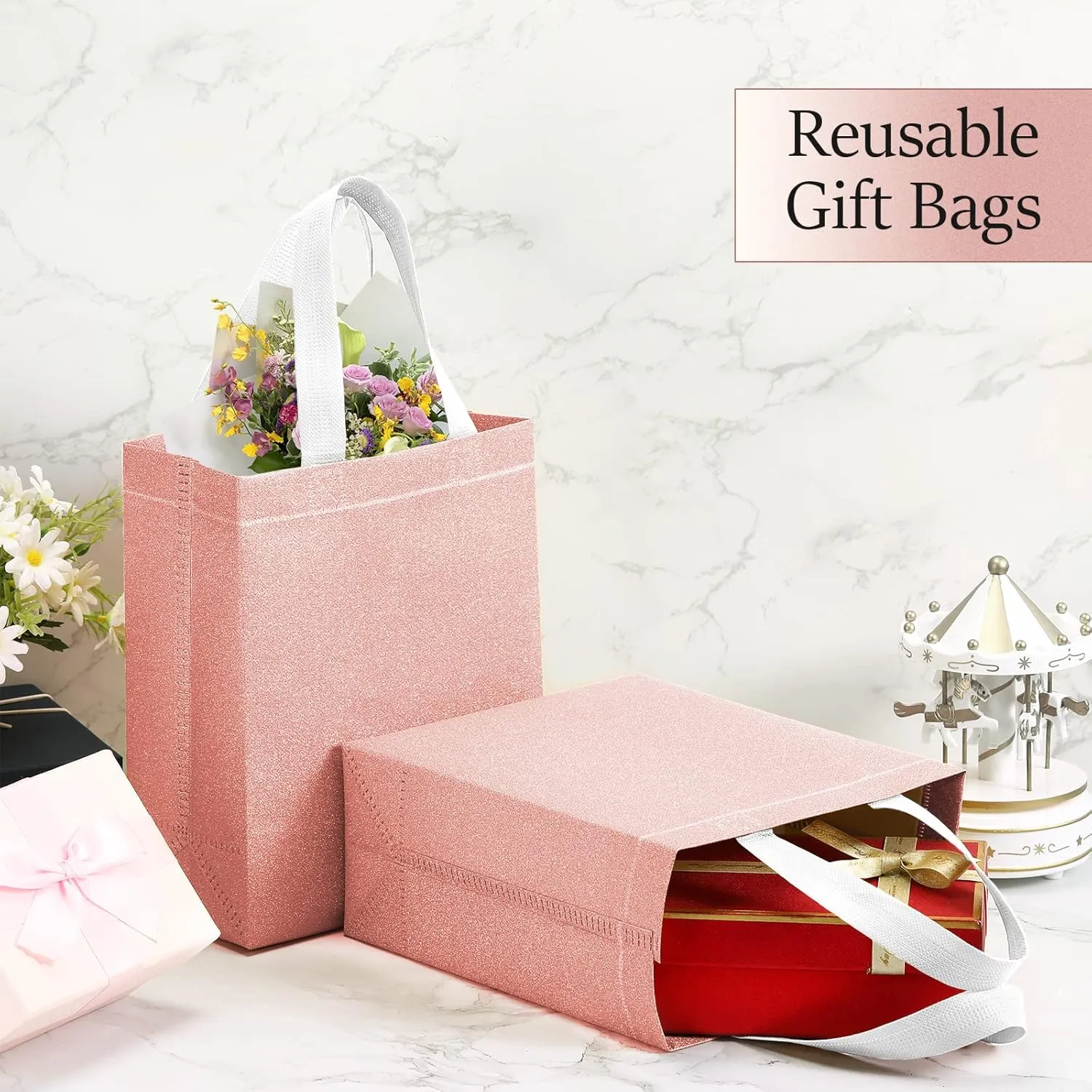 Woanger 48 Pack Wedding Gift Bags Reusable Gift Bags with Handle Glitter Tote Goodie Non Woven Bling Favor for Wedding Holiday Party(7.9 x 3.9 x 9.8 Inch,Rose Gold)