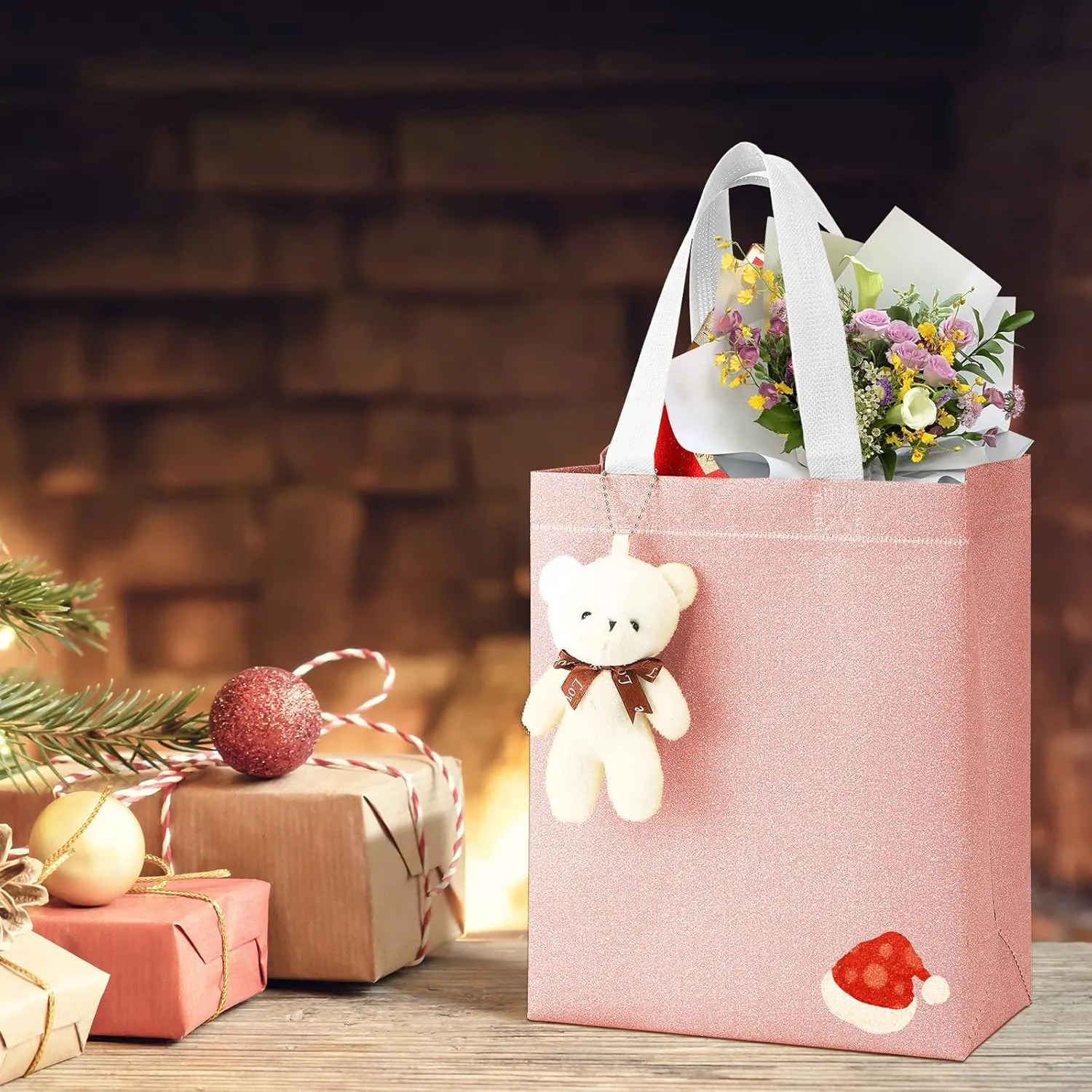 Woanger 48 Pack Wedding Gift Bags Reusable Gift Bags with Handle Glitter Tote Goodie Non Woven Bling Favor for Wedding Holiday Party(7.9 x 3.9 x 9.8 Inch,Rose Gold)