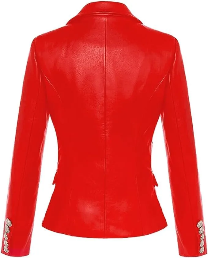 Women Double Breasted Fancy Buttons Sheepskin Leather Blazer - Kim Kardashian Long Sleeve Style Coat