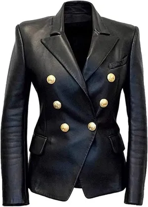 Women Double Breasted Fancy Buttons Sheepskin Leather Blazer - Kim Kardashian Long Sleeve Style Coat