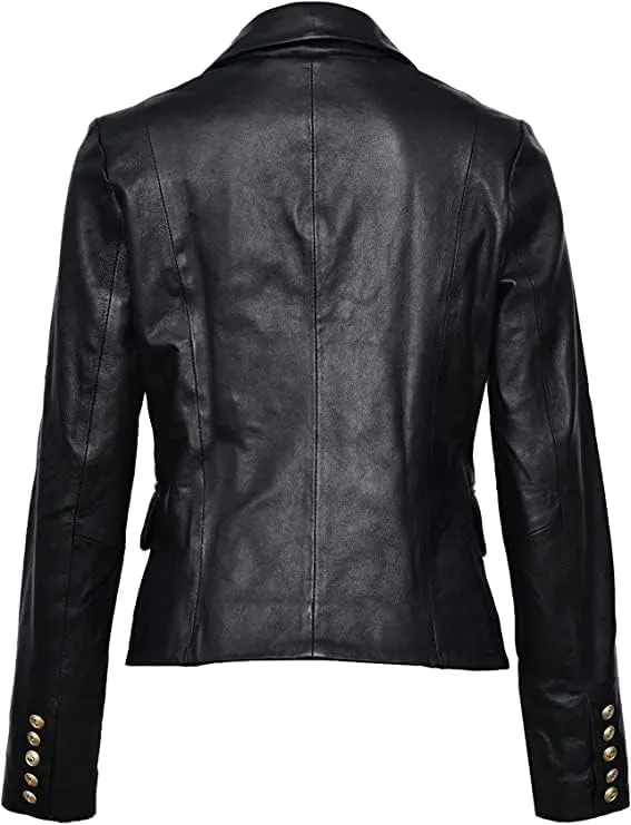 Women Double Breasted Fancy Buttons Sheepskin Leather Blazer - Kim Kardashian Long Sleeve Style Coat