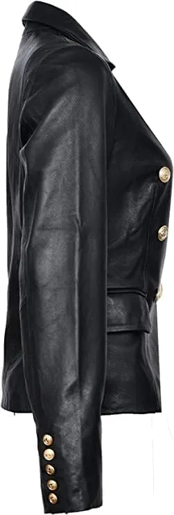 Women Double Breasted Fancy Buttons Sheepskin Leather Blazer - Kim Kardashian Long Sleeve Style Coat