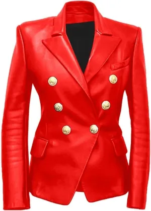 Women Double Breasted Fancy Buttons Sheepskin Leather Blazer - Kim Kardashian Long Sleeve Style Coat