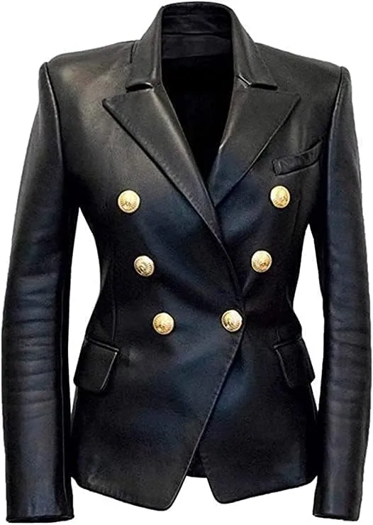 Women Double Breasted Fancy Buttons Sheepskin Leather Blazer - Kim Kardashian Long Sleeve Style Coat