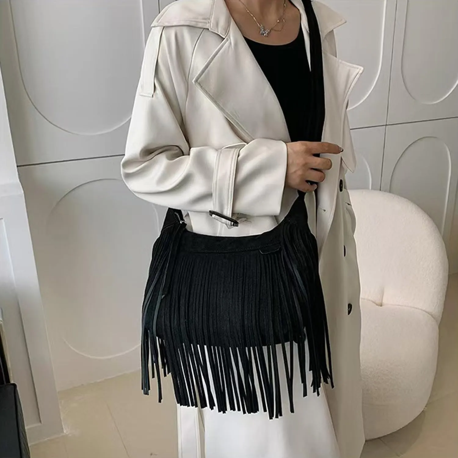 Women Fashion Fringe Purse Crossbody Bags Vegan Suede Hippie Tassel Hobo Shoulder Bag Vintage Handbags