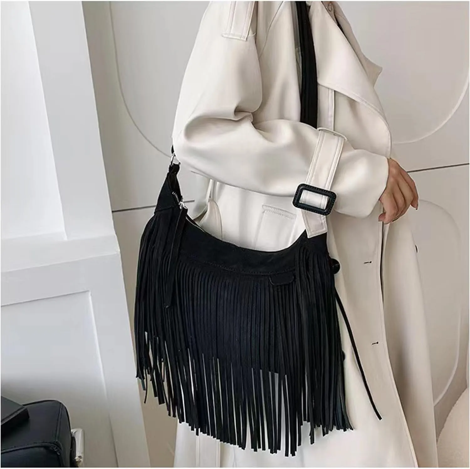 Women Fashion Fringe Purse Crossbody Bags Vegan Suede Hippie Tassel Hobo Shoulder Bag Vintage Handbags
