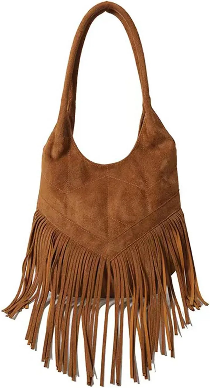 Women Fashion Fringe Purse Shoulder Bags Vegan Suede Hippie Tassel Hobo Bucket Bag Vintage Handbags