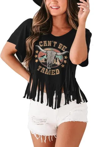 Women Graphic Tees Western Shirts Vintage Cowgirl Fringe Shirt Country Concert Tops Short Sleeve