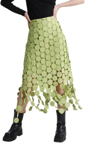 Women Hollow Out Midi Skirt High Waist Boho Fringe Hem 3D Polka Dot Mesh Skirts Graduation Dress
