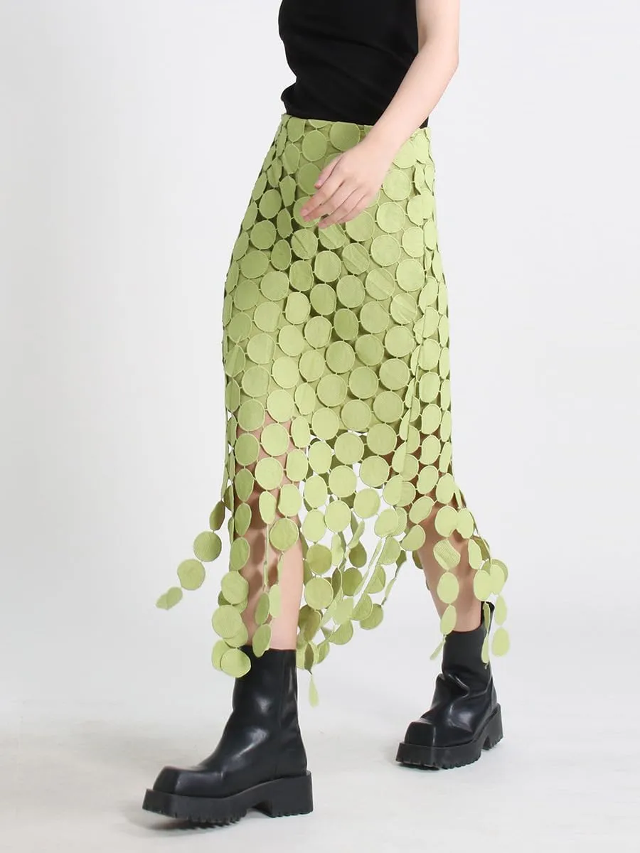 Women Hollow Out Midi Skirt High Waist Boho Fringe Hem 3D Polka Dot Mesh Skirts Graduation Dress