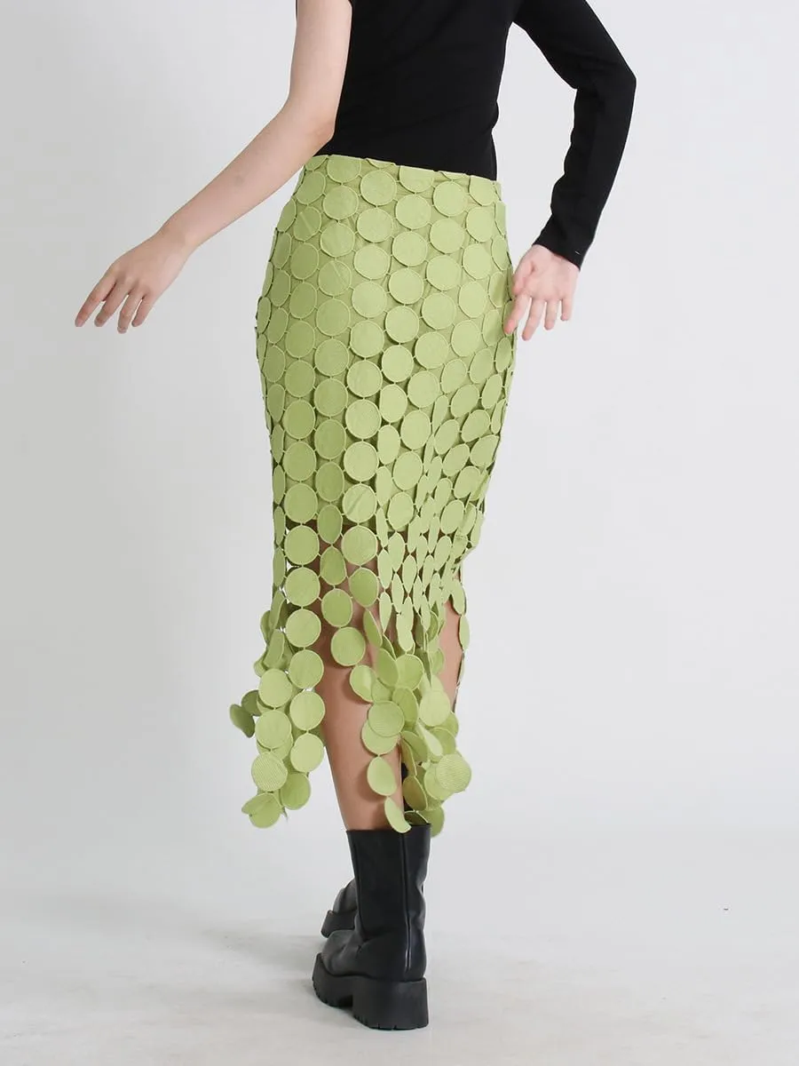 Women Hollow Out Midi Skirt High Waist Boho Fringe Hem 3D Polka Dot Mesh Skirts Graduation Dress