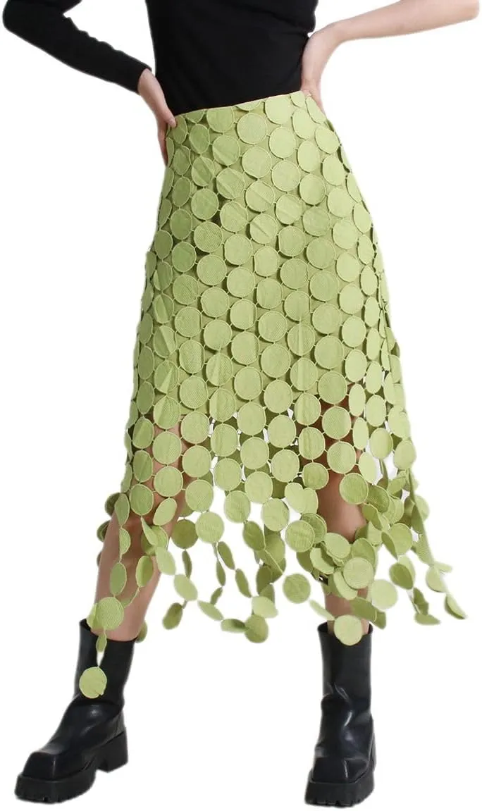 Women Hollow Out Midi Skirt High Waist Boho Fringe Hem 3D Polka Dot Mesh Skirts Graduation Dress