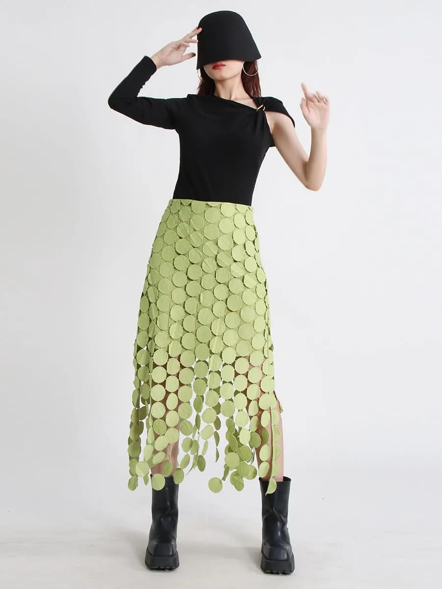 Women Hollow Out Midi Skirt High Waist Boho Fringe Hem 3D Polka Dot Mesh Skirts Graduation Dress