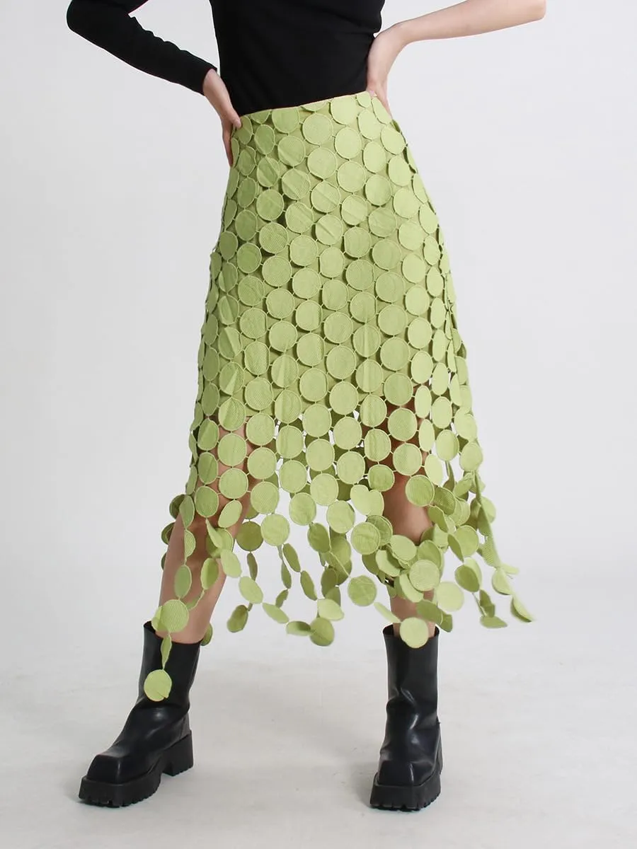 Women Hollow Out Midi Skirt High Waist Boho Fringe Hem 3D Polka Dot Mesh Skirts Graduation Dress