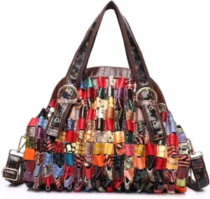 Women Multicolor Genuine Leather Boston Tote Bag Colorful Handbag Crossbody Bags
