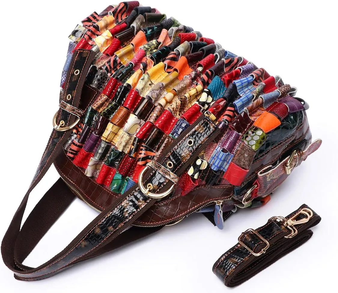 Women Multicolor Genuine Leather Boston Tote Bag Colorful Handbag Crossbody Bags