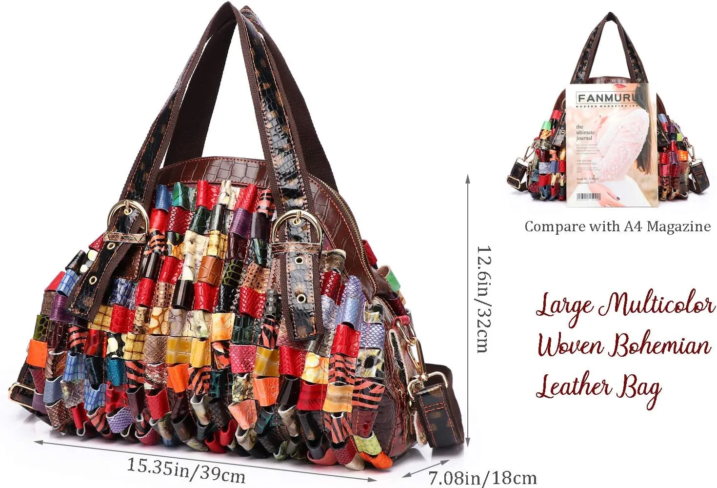 Women Multicolor Genuine Leather Boston Tote Bag Colorful Handbag Crossbody Bags