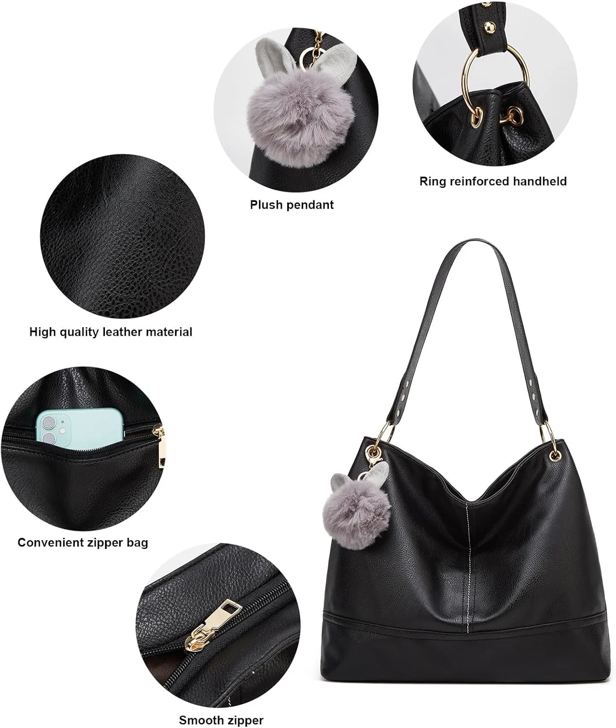 Women Tote Bag Top Handle Shoulder Satchel Bags Fashion Zipper Large Leather Purses and Handbags For Women,Pom Pom Keychain