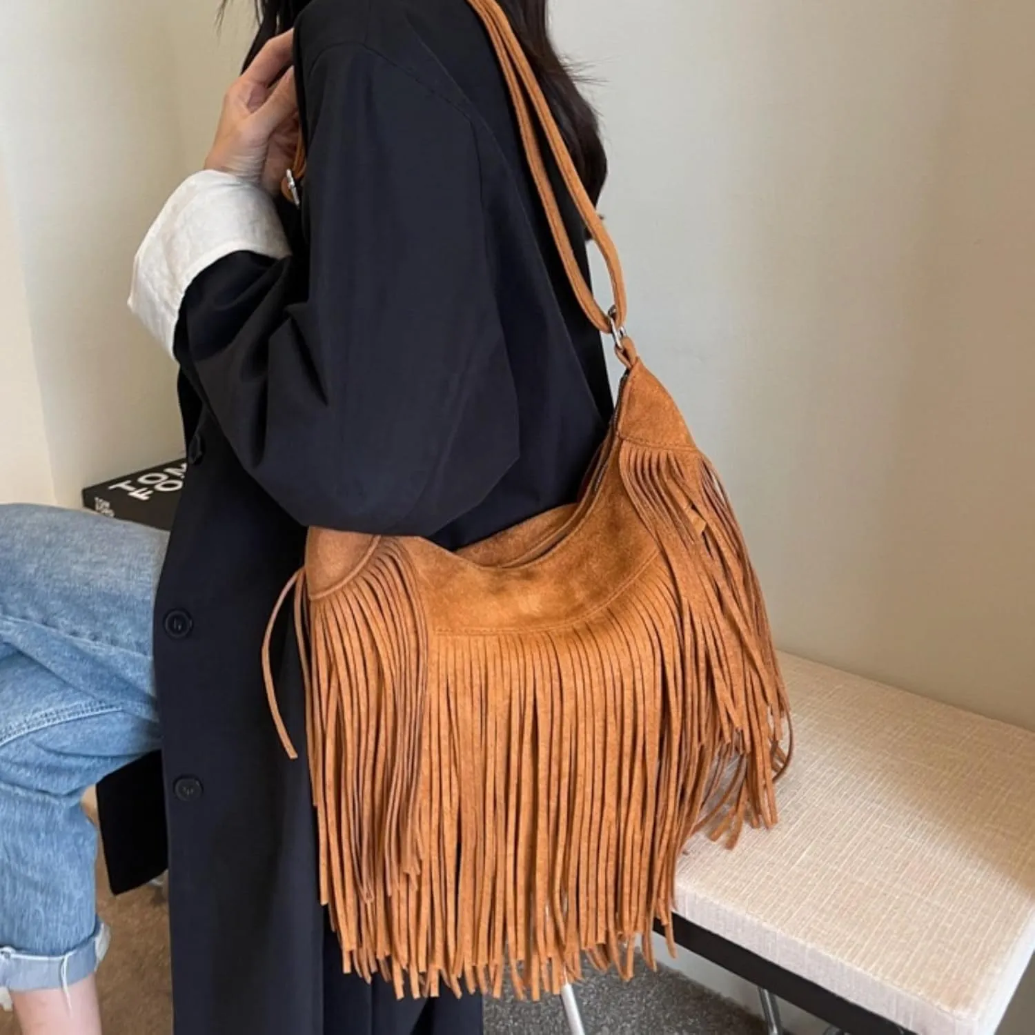 Women Vintage Suede Fringe Hobo Bag Tote Shoulder Bag Crossbody Bag and Hippie Western Cowgirl Purse Shoulder Bag