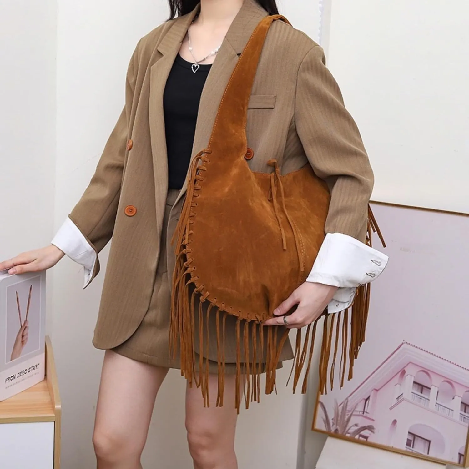 Women Vintage Suede Fringe Hobo Bag Tote Shoulder Bag Crossbody Bag and Hippie Western Cowgirl Purse Shoulder Bag