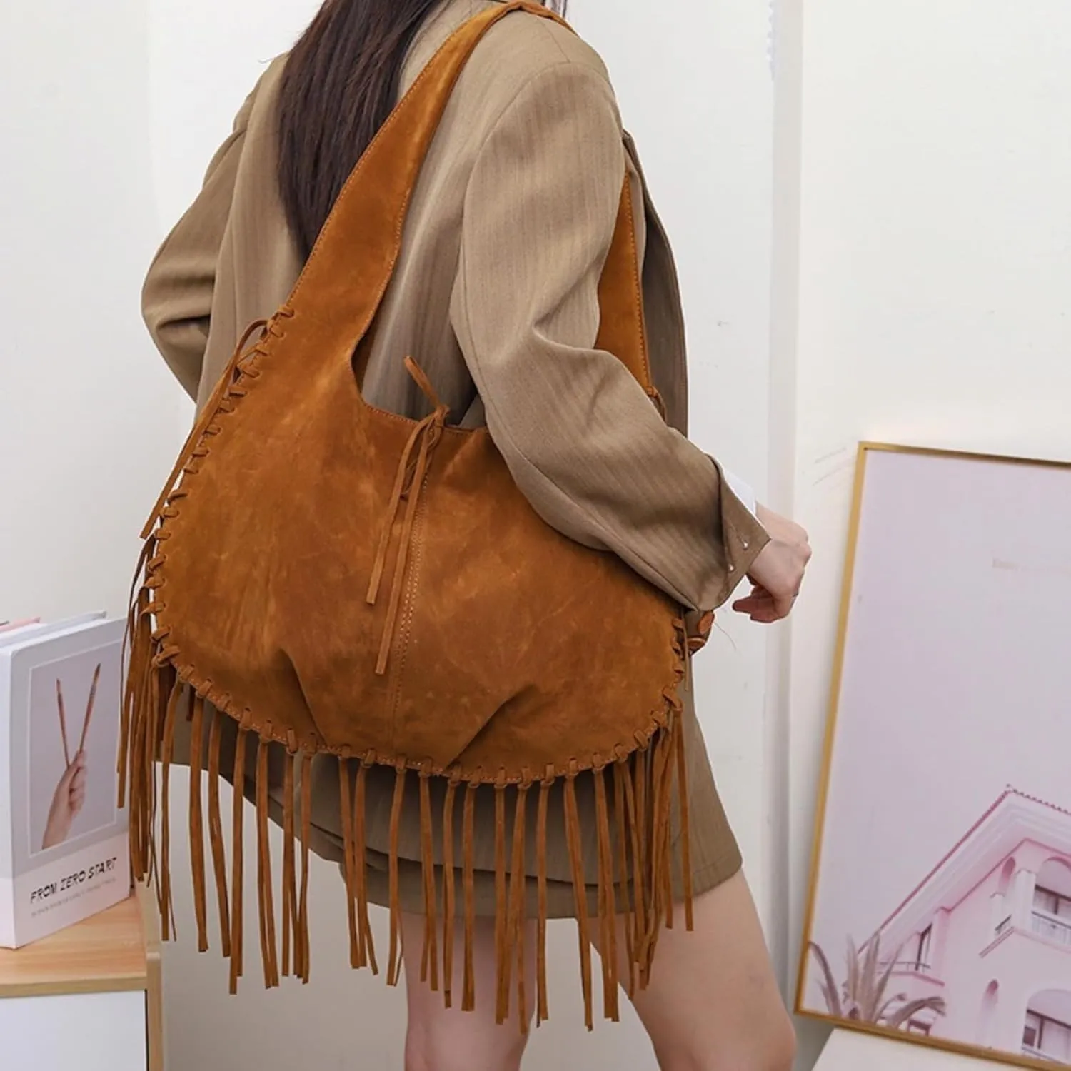 Women Vintage Suede Fringe Hobo Bag Tote Shoulder Bag Crossbody Bag and Hippie Western Cowgirl Purse Shoulder Bag