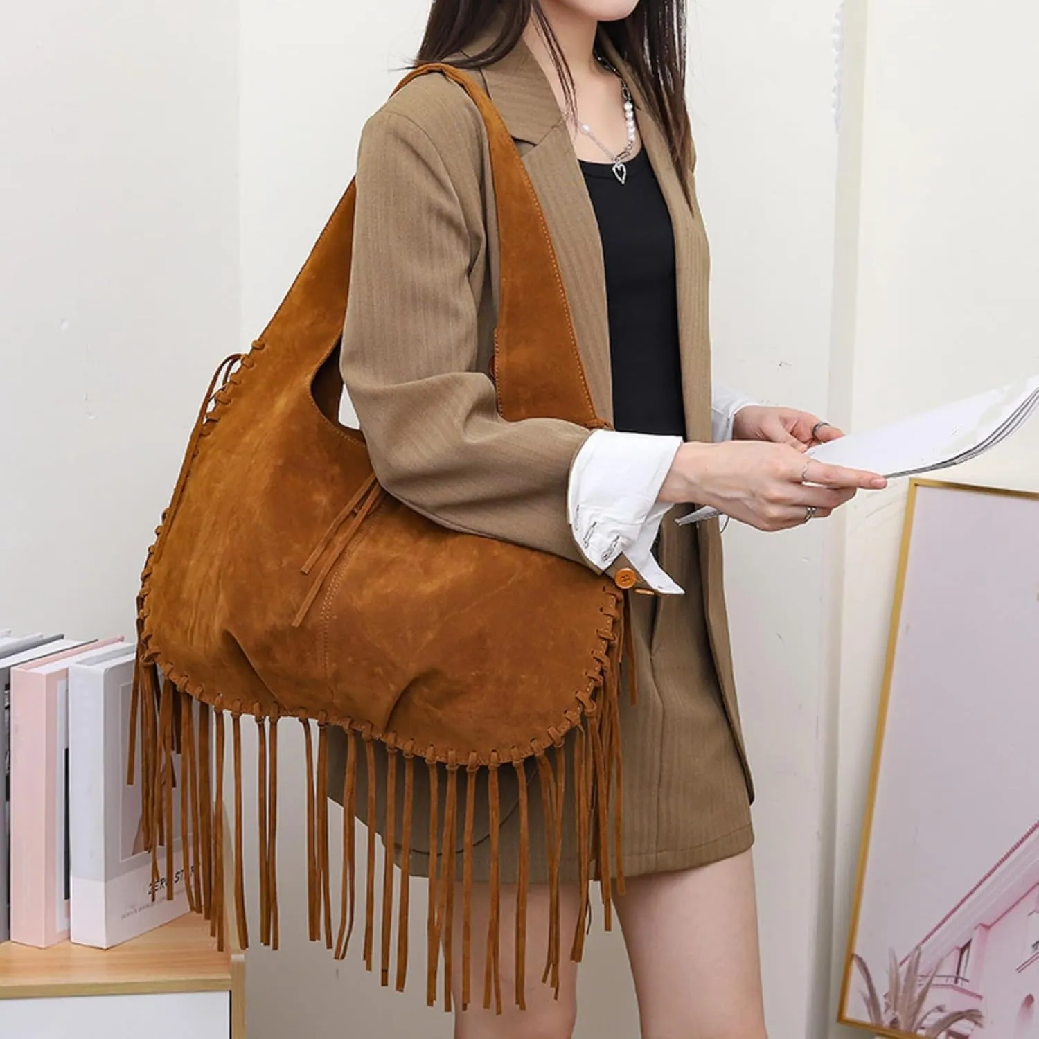 Women Vintage Suede Fringe Hobo Bag Tote Shoulder Bag Crossbody Bag and Hippie Western Cowgirl Purse Shoulder Bag