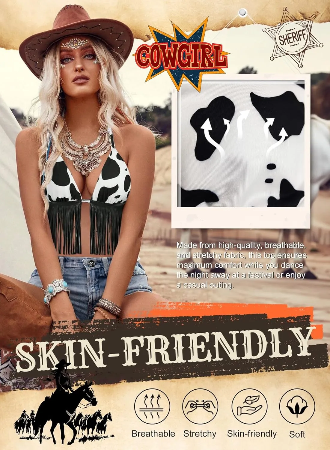 Women Western Cowgirl Fringe Top - Country Concert Outfits Sexy Halter Cow Print Festival Rodeo Rave Tank Shirt