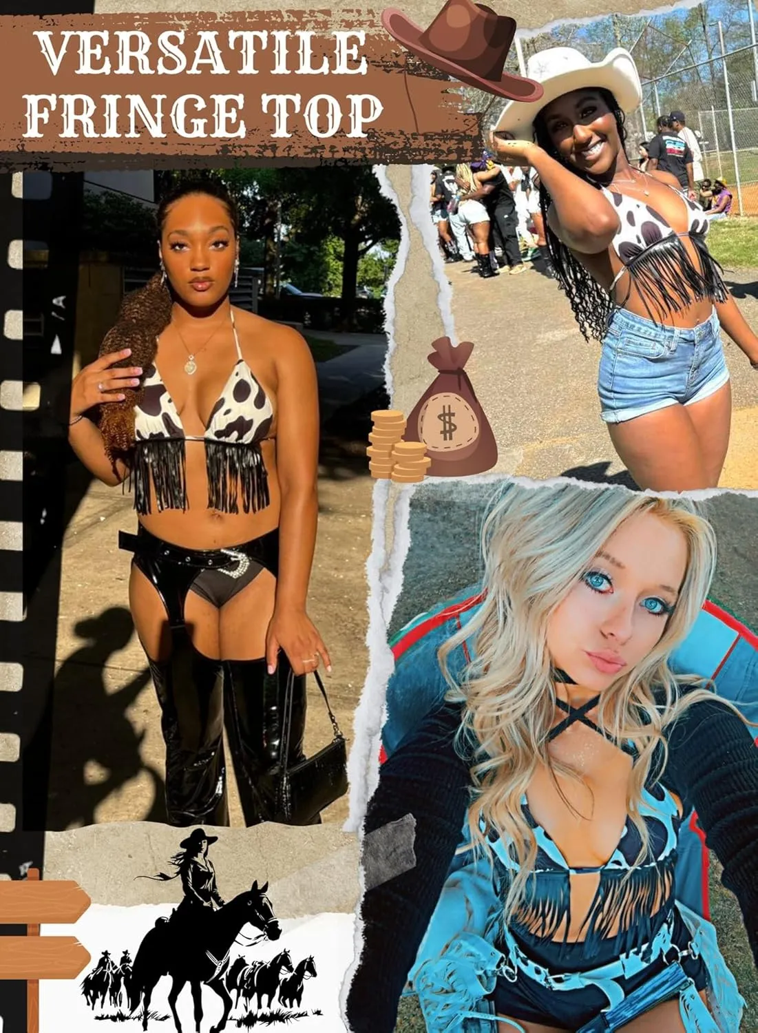 Women Western Cowgirl Fringe Top - Country Concert Outfits Sexy Halter Cow Print Festival Rodeo Rave Tank Shirt