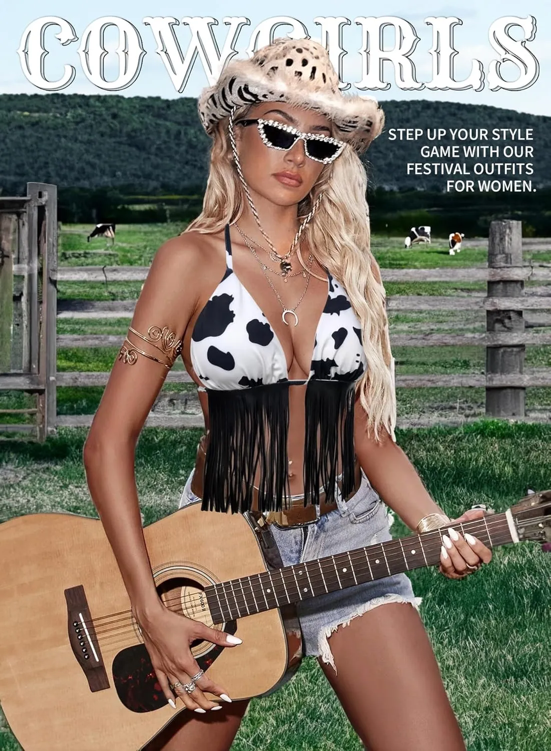 Women Western Cowgirl Fringe Top - Country Concert Outfits Sexy Halter Cow Print Festival Rodeo Rave Tank Shirt