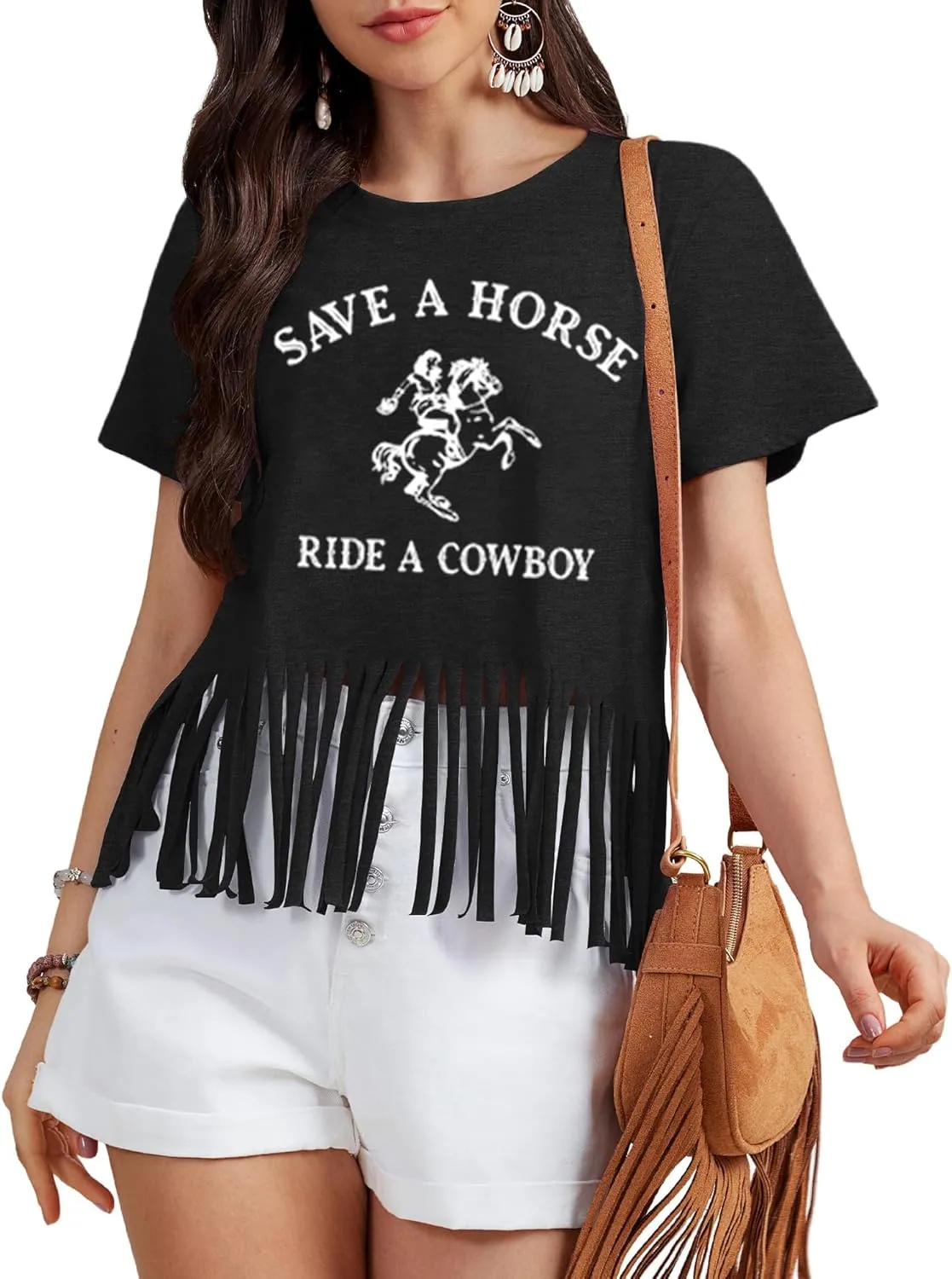 Women Western Shirt Save a Horse Ride a Cowboy Vintage Cowgirl Fringe Shirt Country Concert Tops Short Sleeve
